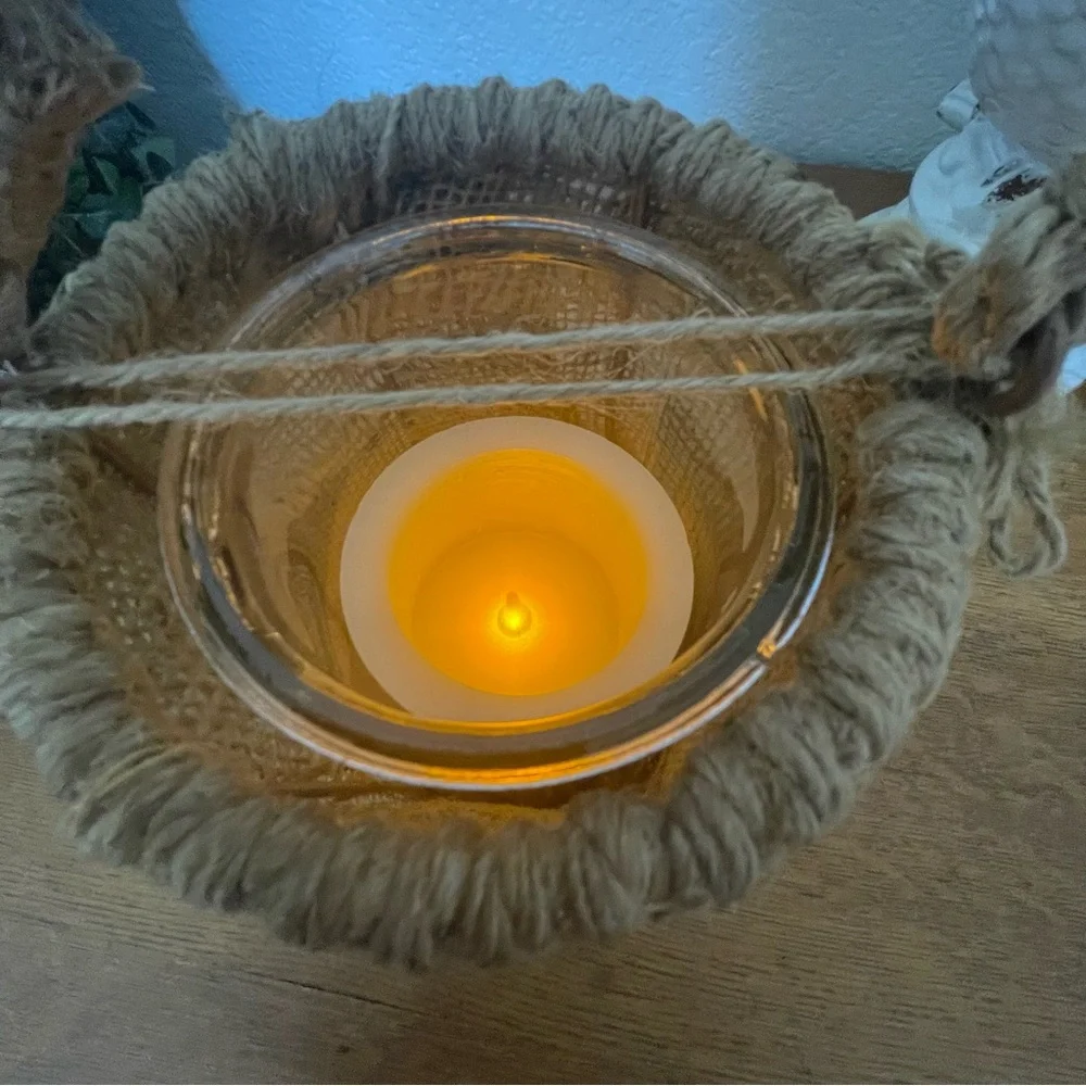 No. 98 Natural Jute Hanging Hurricane Basket, Wax candle included